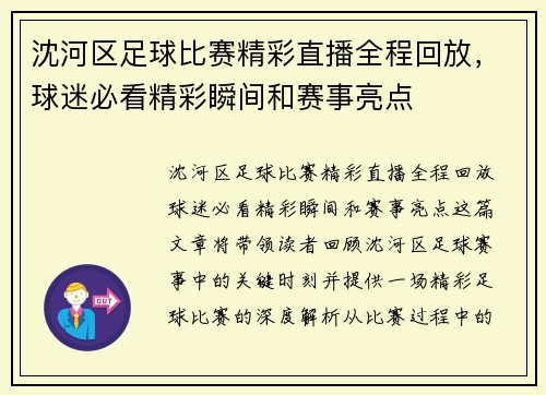 沈河区足球比赛精彩直播全程回放，球迷必看精彩瞬间和赛事亮点